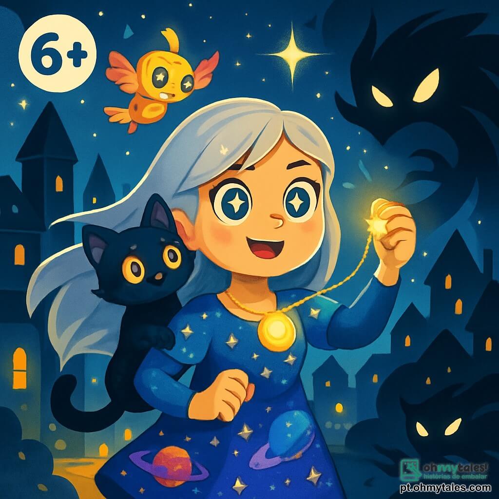 Uma jovem chamada Lira, com olhos brilhantes como estrelas e cabelos longos e prateados flutuando ao seu redor, está no centro de uma cidade mágica, com o rosto iluminado por uma mistura de admiração e determinação. Ela veste um vestido cintilante nas cores da galáxia, adornado com padrões de estrelas e planetas. Ao seu lado, uma pequena gata preta chamada Nox, com olhos dourados e pelagem brilhante, se aconchega em seu ombro, olhando ao redor com curiosidade. Um pequeno robô chamado Tico, feito de metal dourado e penas coloridas, voa alegremente acima de Lira, com suas asas brilhando sob a luz das estrelas. A cena ocorre na Cidade Perdure de Forrul, onde as casas são feitas de vidro negro cintilante e as ruas são pavimentadas com poeira de lua, iluminadas por luzes mágicas flutuantes. Sombras escuras dançam ao redor deles, ameaçadoras, enquanto estrelas brilhantes cintilam no céu noturno. Lira, cheia de coragem, se prepara para enfrentar a Sombraluz, uma sombra ameaçadora que tenta mergulhar a cidade na escuridão. Ela levanta seu colar mágico, que brilha intensamente, pronta para liberar a luz e salvar seu mundo.