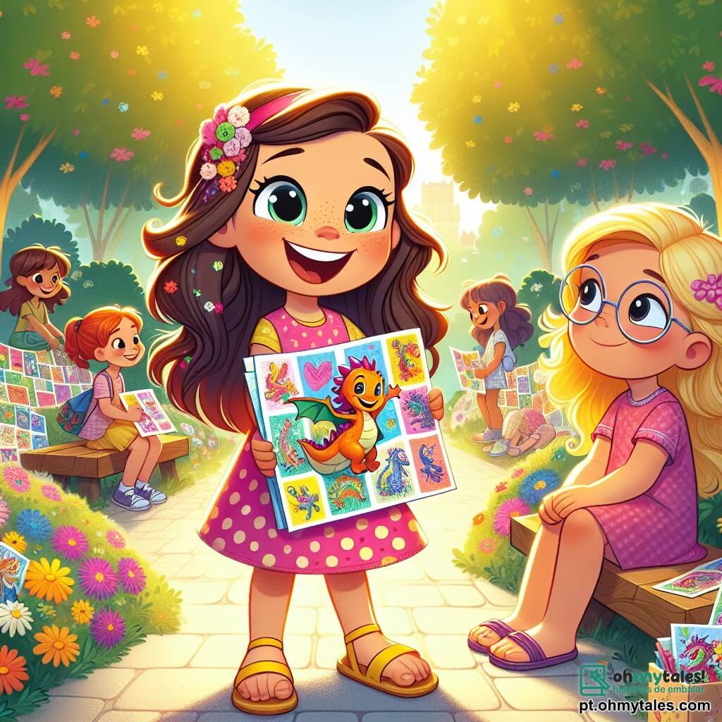 Uma menina de 6 anos, Lúcia, com longos cabelos castanhos e olhos brilhantes, está no centro da imagem, com um grande sorriso no rosto, segurando uma caixa colorida cheia de desenhos de dragões. Ela usa um vestido rosa com bolinhas brancas e sandálias amarelas, expressando uma alegria contagiante. Ao seu lado, Clara, outra menina de 6 anos com cabelos loiros e óculos redondos, olha para Lúcia com admiração, segurando também uma caixa decorada com cores vivas. Elas estão em um parque ensolarado, cheio de flores coloridas e árvores verdes, onde outras crianças brincam alegremente ao fundo. A cena mostra Lúcia e Clara distribuindo seus cartões cheios de desenhos e mensagens de incentivo para crianças sentadas em bancos, criando uma atmosfera de solidariedade e amizade.