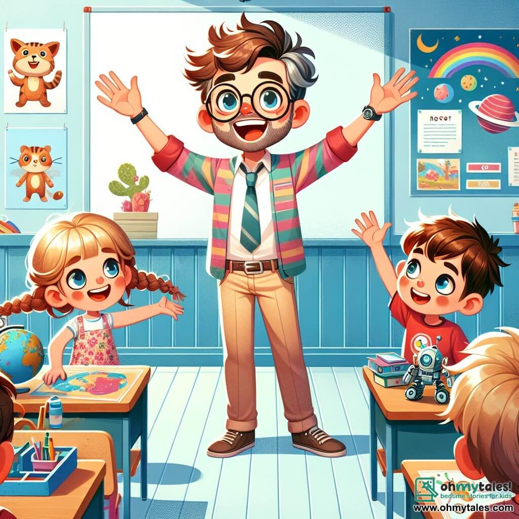 A smiling teacher in his thirties with messy brown hair and round glasses stands at the center of the scene. He wears a colorful shirt and beige pants, looking joyful and enthusiastic with his arms open as if welcoming his students. To his right, an 8-year-old girl, Lucy, with braided blonde hair and a floral dress, raises her hand with a big smile, ready to share her project on the solar system. To his left, a 9-year-old boy, Max, with brown hair and a red t-shirt, looks at his robot project with a slightly worried but determined expression. The scene takes place in a bright and colorful classroom with light blue walls, educational posters, and wooden desks filled with school supplies. Drawings of animals and planets decorate the walls, creating a joyful and inspiring atmosphere. The main situation shows the teacher encouraging his students to share their projects, as excitement and enthusiasm fill the room, with everyone preparing to learn and discover together.