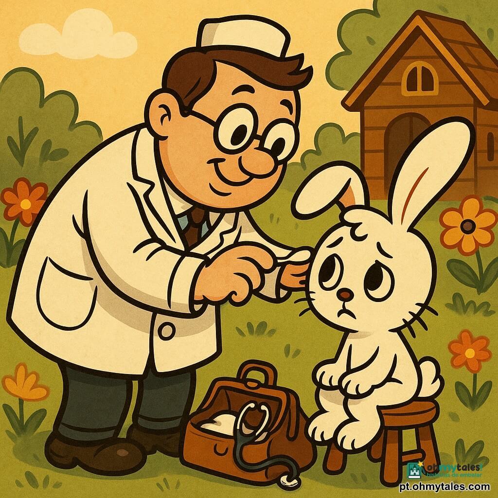Um médico de cerca de 40 anos, rosto redondo, cabelo castanho curto e óculos redondos, veste um grande jaleco branco e sorri suavemente enquanto observa a orelha do pequeno paciente; um coelhinho branco e peludo, garoto, com orelhas caídas e olhos tristes, está sentado num banquinho de madeira mostrando a orelha; ao lado, uma bolsa médica de couro aberta com um estetoscópio brilhante e algodão visíveis; cenário de jardim acolhedor com flores coloridas, relva verde, uma casinha de madeira ao fundo e luz solar quente; cena principal mostra o médico inclinando-se com cuidado, segurando um cotonete perto da orelha do coelho, expressões calmas e reconfortantes; paleta de cores vivas e contrastadas, contornos grossos estilo cartoon retrô, texturas suaves e formas arredondadas.
