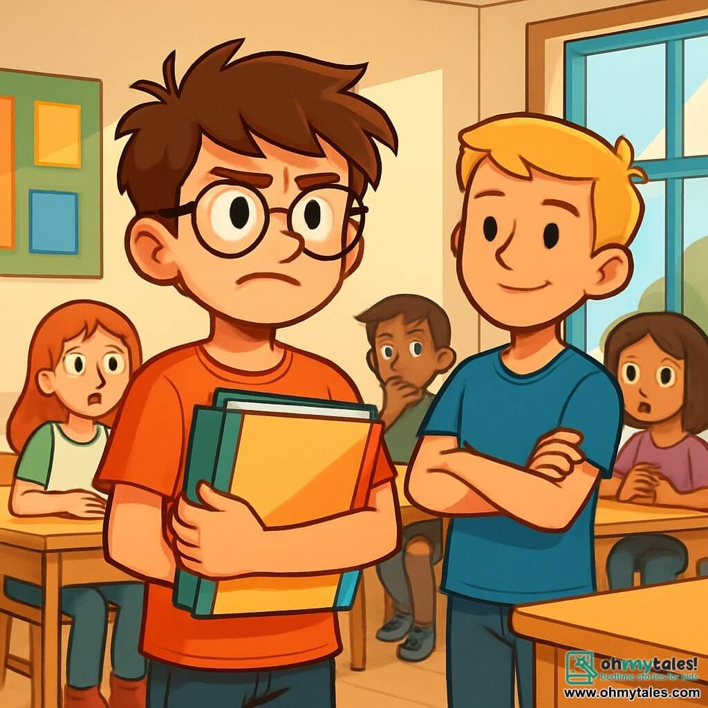 A 12-year-old boy, Ethan, with messy brown hair and glasses, stands in a bright classroom, looking determined yet slightly nervous. His face shows courage, with furrowed brows and a glimmer of hope in his eyes. He holds a folder filled with colorful sheets against his chest, ready to give his presentation. Next to him, his friend Liam, also 12, with blond hair and sparkling eyes, smiles encouragingly, showing his support. He stands slightly back with crossed arms, exuding confidence. The classroom is filled with light wooden desks, colorful posters on the walls, and a large window letting in sunlight, creating a warm and welcoming atmosphere. The main scene shows Ethan speaking passionately about bullying while his classmates listen attentively, some with expressions of surprise and reflection.