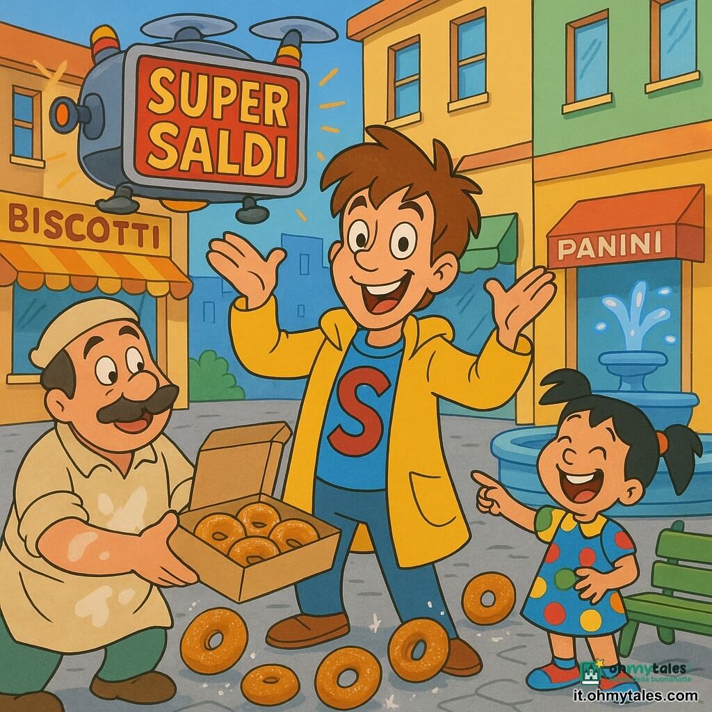 Leo sorridente e concentrato, capelli castani un po' scompigliati, cappotto giallo con grande "S", posa da supereroe con le braccia alzate come se raccontasse una barzelletta; a sinistra il signor Piero, fornaio adulto con baffi e abiti beige macchiati di farina, tiene una scatola aperta di ciambelle e guarda sollevato; a destra una bambina di circa 6 anni in vestito a pois e codini ride e indica le ciambelle vicino alla fontana; un grande drone pubblicitario metallico vola basso sopra la piazza con un pannello lampeggiante "SUPER SALDI" e luci gialle e rosse che riflettono sulle vetrine; diverse ciambelle dorate e zuccherate rotolano sul selciato con zucchero a velo scintillante, alcune quasi ferme vicino a una panchina verde; piazza urbana e gioiosa con selciato grigio, fontana dall'acqua blu, vetrine di panetteria e chiosco di panini; scena principale: Leo al centro, in azione comica che cerca di far ridere il drone e rallentare le ciambelle mentre i bambini ridono.
