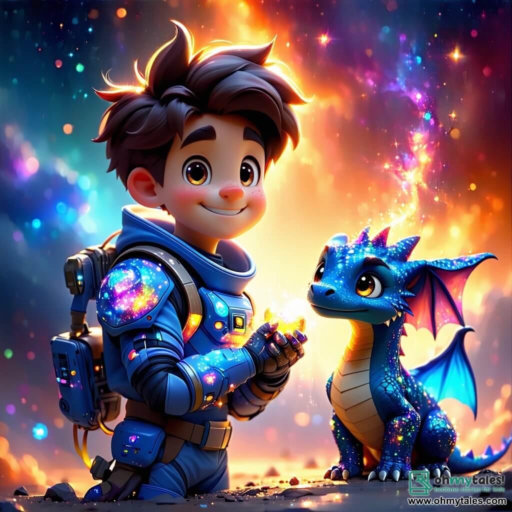A young man named Leo, with bright eyes and a radiant smile, stands at the center of the stage. He has messy brown hair and wears a sparkling spacesuit full of vibrant colors. Leo expresses great joy and sparkling curiosity as he touches the heart of the nebula, which shines intensely around him. Next to him, a small dragon named Sparkle, appearing to be about 5 years old, with bright blue scales and shimmering wings, joyfully flies. He looks at Leo with admiration, his eyes sparkling with magic. The setting is a magnificent crystal cave, where sparkling stalactites hang from the ceiling and crystal walls reflect rainbow colors. In the background, the heart of the nebula pulses with bright light, illuminating the entire scene. The main situation shows Leo and Sparkle celebrating their victory, surrounded by a magical aura, as they unite magic and technology to save their enchanted world.