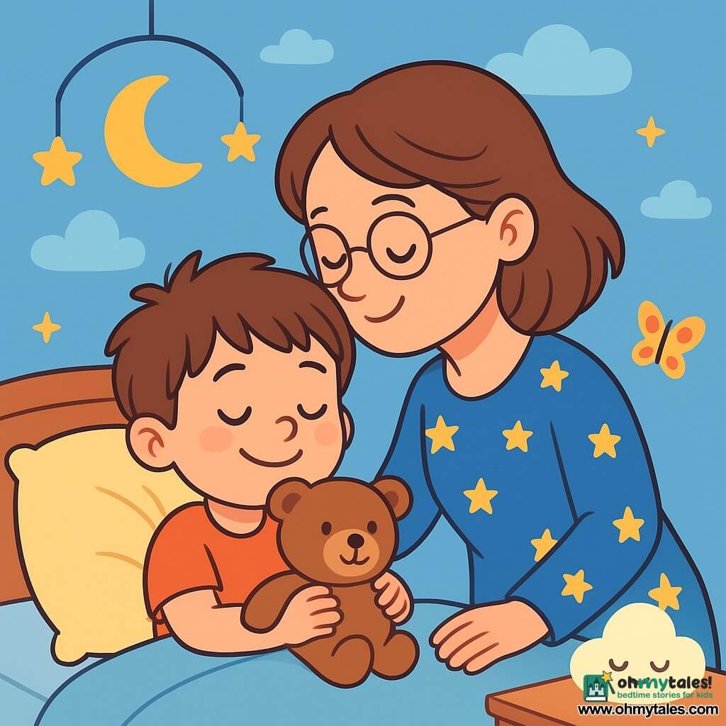 A 4-year-old boy, Timmy, with messy brown hair and sparkling eyes, is lying in his cozy bed. He is joyfully smiling, holding his teddy bear, Mr. Fuzzy, against his chest, his cheeks flushed with excitement. Next to him, his mother, a gentle woman in her thirties with brown hair and round glasses, leans tenderly to kiss his forehead. She is wearing blue pajamas with stars, and her warm smile lights up the room. The scene takes place in a bright children's room with sky-blue walls decorated with clouds and twinkling stars. A moon-shaped mobile gently spins above the bed, and a soft light from a cloud-shaped nightlight creates a soothing atmosphere. Timmy is about to fall asleep, his eyes slowly closing, as he imagines a colorful butterfly floating around him, ready to take him into a world of dreams.