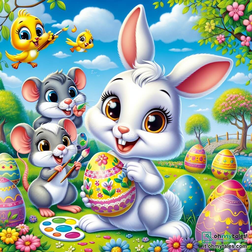 Al centro dell'immagine, Bianchino, un giovane coniglio dalle grandi orecchie bianche e dagli occhi scintillanti di gioia, sta dipingendo un uovo di Pasqua colorato con motivi floreali, con un ampio sorriso sul volto. Accanto a lui, Pino, un piccolo topo dai peli grigi e dagli occhi vivaci, guarda con ammirazione, tenendo una tavolozza di colori tra le zampe, con un'aria entusiasta e pronto a partecipare. Clara, una deliziosa cinciallegra dalle piume gialle brillanti, canta gioiosamente posata su un ramo d'albero, aggiungendo un tocco musicale alla scena. Lo sfondo è un parco primaverile, pieno di fiori vivaci e alberi verdi, sotto un cielo blu chiaro punteggiato di nuvole bianche e soffici. Uova di Pasqua decorate sono sparse intorno a loro, creando un'atmosfera festosa e gioiosa. La situazione principale mostra Bianchino e i suoi amici intenti a preparare un grande concorso di decorazione di uova, circondati da risate e colori, simboleggiando lo spirito di condivisione e amicizia della Pasqua.