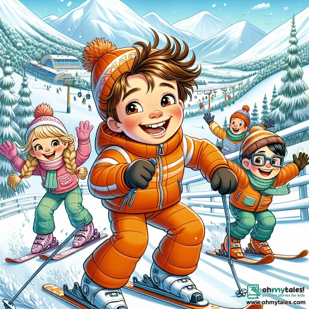 An 8-year-old boy, Max, with messy brown hair and rosy cheeks, is wearing a bright orange ski suit. He is joyfully sliding down a snowy slope, a big smile on his face, his eyes sparkling with excitement. Next to him, an 8-year-old girl, Mia, with braided blonde hair and a red hat, is gracefully jumping, laughing out loud. A 9-year-old boy, Sam, wearing glasses and with black hair, stands a bit behind, ready to take his turn, arms raised in encouragement. The setting is a beautiful ski resort, with majestic mountains covered in sparkling snow under a clear blue sky. Snow-covered fir trees line the slope, and snowflakes are gently falling around them. The main scene shows Max and his friends engaged in a friendly race, united in a spirit of camaraderie, laughing and encouraging each other as they ski down the slope together, ready for a skiing challenge.