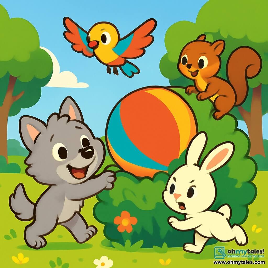 A little wolf named Wiggly, with soft, fluffy light gray fur, has a big joyful smile and sparkling eyes full of excitement. He enthusiastically pulls a large colorful balloon stuck in a green bush. Next to him, Bouncy the little rabbit, with his bright white fur and large upright ears, hops eagerly, showing a determined expression. Flappy, the multicolored bird, flies above them with outstretched wings, wearing a curious and playful look. Squeaky, the little brown squirrel, climbs the bush, his small agile paws gripping the branches, with a focused yet amused demeanor. The setting is a large sunny meadow dotted with colorful flowers and surrounded by majestic trees under a bright blue sky. The main scene depicts Wiggly and his friends united in a joyful effort to free the stuck balloon, creating a moment full of camaraderie and fun.