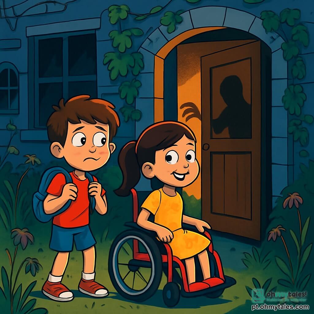 Há 2 personagens principais: - Tomás: um menino de 10 anos, com cabelos castanhos bagunçados e olhos curiosos. Ele usa uma camiseta vermelha e um short azul. Ele está à esquerda, um pouco recuado, com uma expressão corajosa e nervosa. - Sofia: uma menina de 9 anos, com cabelos longos e lisos, presos em um rabo de cavalo. Ela veste um vestido amarelo com estampas de flores e usa uma cadeira de rodas vermelha. Ela está à direita, sorridente e determinada, pronta para avançar. O cenário é uma velha casa misteriosa, cercada por um jardim cheio de ervas altas e flores murchas. As paredes da casa são de pedra cinza, cobertas de hera, e as janelas são escuras, deixando entrever sombras dançantes no interior. A porta da frente, de madeira maciça, está entreaberta, deixando escapar um leve sopro de ar frio. A cena mostra Tomás e Sofia, parados diante da porta da casa, hesitando em entrar. Uma sombra difusa e ameaçadora se perfila atrás da porta, enquanto raios de luz filtram pelas janelas, criando um contraste entre a escuridão e a esperança. Tomás segura sua mochila, enquanto Sofia, cheia de coragem, sorri e parece pronta para enfrentar o desconhecido.