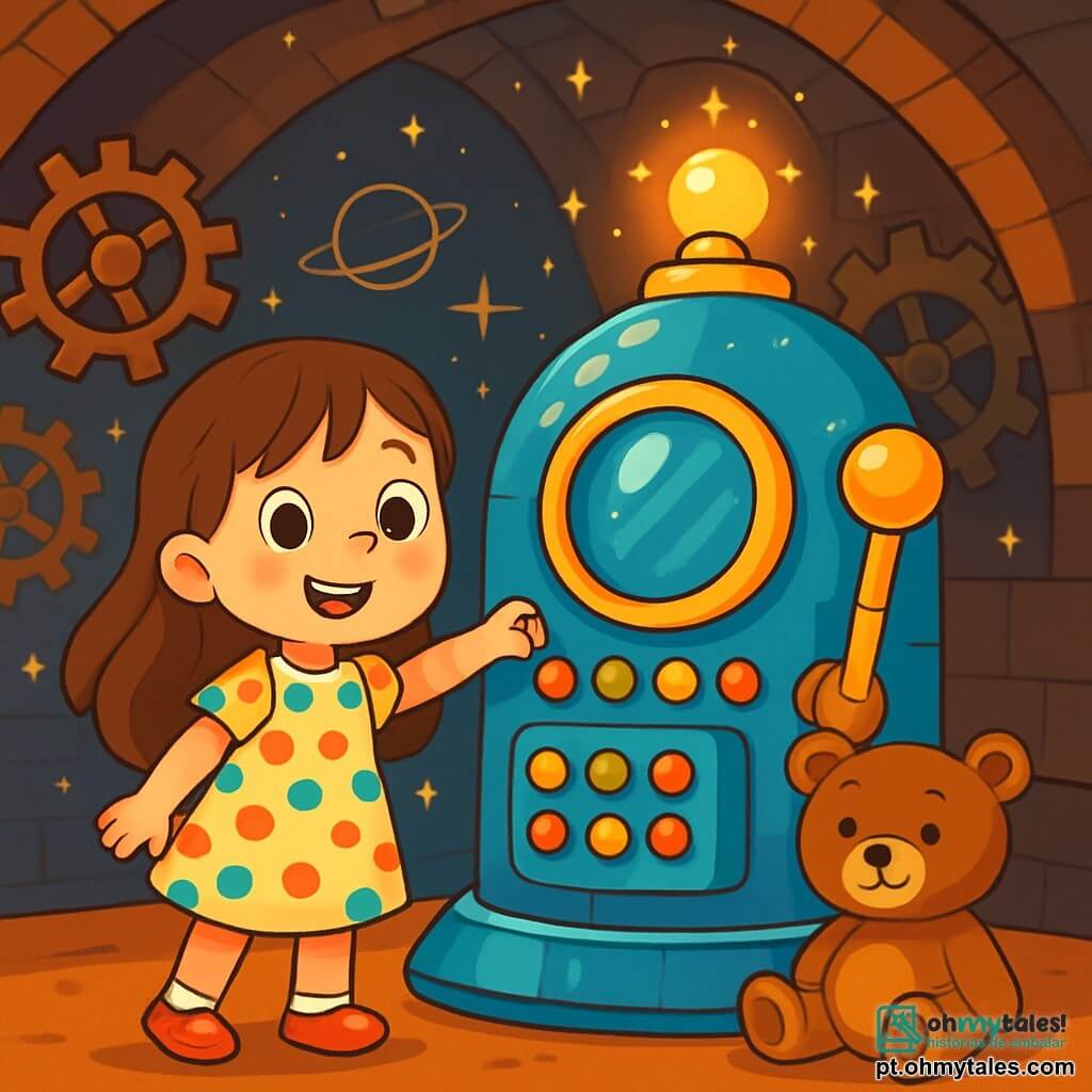 Uma menina de 6 anos, chamada Sofia, com longos cabelos castanhos e olhos brilhantes de curiosidade, está em frente a uma máquina do tempo brilhante. Ela usa um vestido de bolinhas coloridas e um grande sorriso maravilhado ilumina seu rosto. Ao seu lado, seu ursinho de pelúcia, Toto, está sentado no chão, com um olhar amigável e olhos de botão. O local é uma sala subterrânea mágica, cheia de luzes cintilantes e grandes engrenagens de metal, com paredes decoradas com desenhos de estrelas e planetas. A máquina do tempo, no centro, é massiva, com botões coloridos e uma alavanca dourada que brilha sob a luz. Sofia, animada, se prepara para puxar a alavanca da máquina, pronta para embarcar em uma aventura incrível através do tempo.