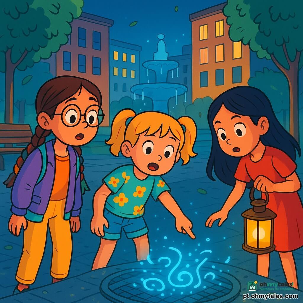 Há 3 personagens: - Lara: uma menina de 9 anos, com cabelos castanhos e tranças coloridas. Ela usa óculos redondos e roupas de cores vivas. Ela está à esquerda, com os olhos arregalados, olhando para a luz misteriosa. - Mia: uma menina de 8 anos, com cabelos loiros e coquinhos. Ela veste uma camiseta com estampas de flores e um short jeans. Ela está no centro, apontando para as luzes azuis que brilham perto do bueiro. - Júlia: uma menina de 9 anos, com cabelos negros e longos, vestindo um vestido vermelho. Ela segura uma lanterna que ilumina o chão e está à direita, inclinada para frente, fascinada pelos símbolos luminosos. O local é uma pequena praça urbana, cercada por edifícios modernos com fachadas brilhantes. Árvores com folhas verdes vibrantes cercam a praça, e um banco de madeira está coberto de gotas de chuva cintilantes. No centro, uma grande fonte jorra água clara, refletindo as luzes da cidade que dançam na superfície. A situação principal mostra as três meninas descobrindo luzes azuis misteriosas que emergem de uma grade de bueiro. As luzes cintilam e desenham símbolos mágicos no chão, enquanto uma brisa leve faz as folhas ao redor dançarem, criando uma atmosfera de encantamento e aventura.