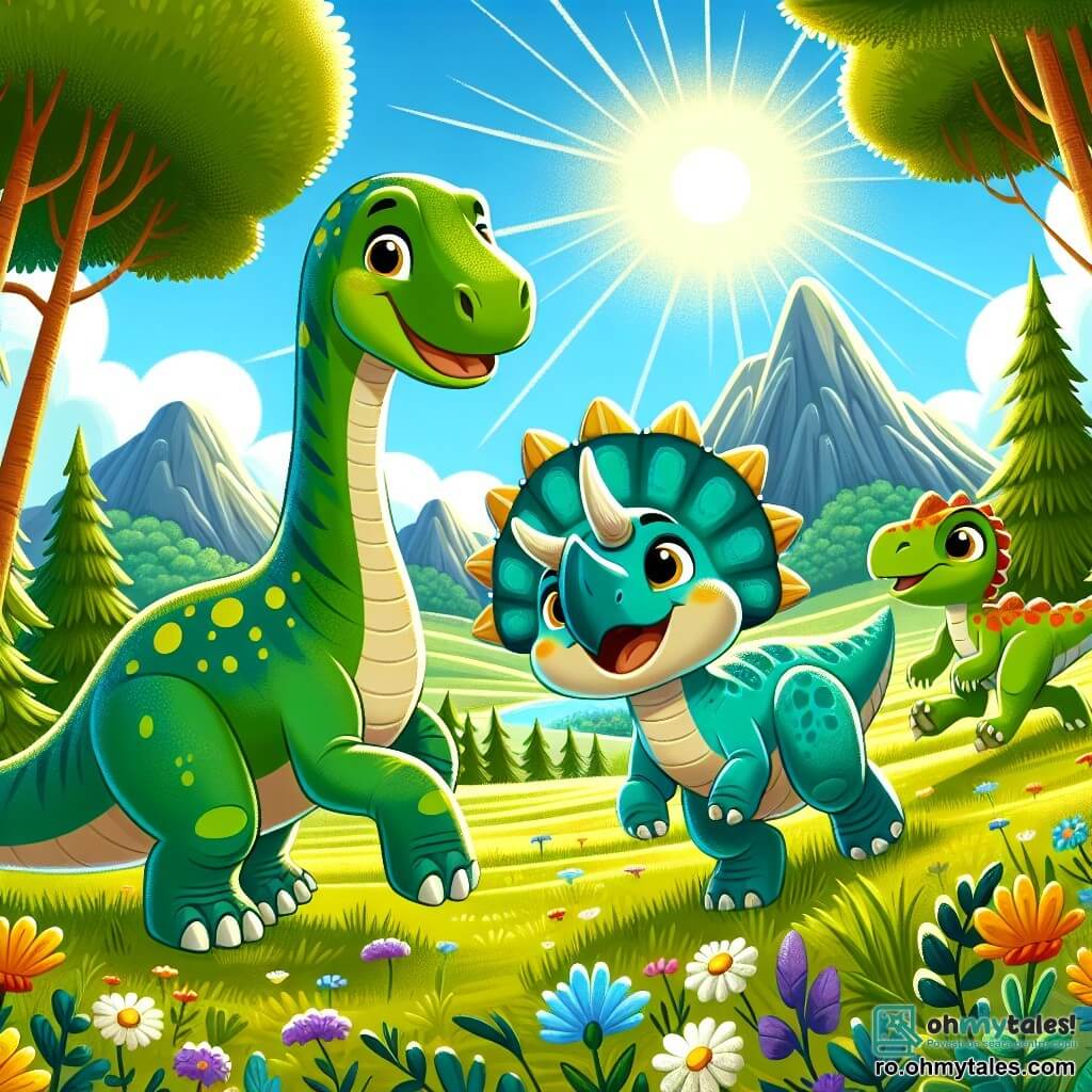 Un diplodocus cu gât lung, numit Dino, stă în centrul scenei, având o expresie veselă și curioasă, cu solzi verzi și pete galbene care strălucesc sub soare. Lângă el, Triki, un triceratops cu coarne impunătoare și piele albastru-verde, sare de bucurie, în timp ce Rapi, un mic velociraptor cu blană roșie aprinsă și ochi strălucitori, aleargă în jurul lor cu entuziasm. Se află într-o vastă pajiște verde, presărată cu flori colorate și copaci mari cu frunze luxuriante, sub un cer albastru deschis și însorit. La orizont, se conturează munți blânzi, adăugând o notă de măreție peisajului. Scena reprezintă momentul în care Dino, Triki și Rapi descoperă Terra, dinozaurul legendar, care strălucește în mijlocul pajiștii, pregătit să li se alăture în aventură.