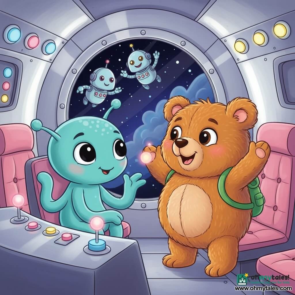 Benny, a small realistic round teddy bear, gazes in wonder with big bright eyes and an open smile, wearing a little green backpack and touching the ship's silver wall with one paw; Zog, a friendly little blue alien with long wavy arms, smooth turquoise skin, large shiny black eyes and a smiling waving antenna, sits in the pilot seat to Benny's left, turned toward him. Two small toy robots float nearby, blinking pink and yellow lights above the dashboard. The oval ship interior is polished metallic with colorful screens, glowing round buttons and soft pink cushions, and a round porthole shows a deep starry sky. Tender, joyful discovery scene as Benny explores the ship and befriends Zog, warm atmosphere, bright colors, soft shapes and smooth textures.
