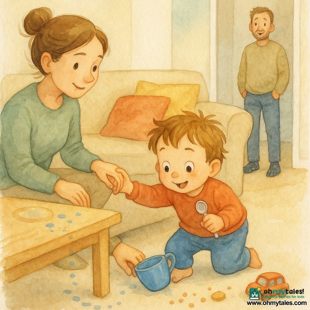 Two-year-old boy with round eyes and tousled brown hair, joyful and focused, holding a small spoon like a badge and reaching under a beige sofa to retrieve a blue cup; his mother, about 30 with hair in a bun and a gentle smile, kneels to his left holding his hand; his father, about 30 with a light beard, stands amused in the hallway; bright living room with cream walls, colorful cushions and a light wood table with a wet ring and crumbs; a toy car nearby; soft afternoon light creates a warm, safe atmosphere as the little detective finds the hidden blue cup.