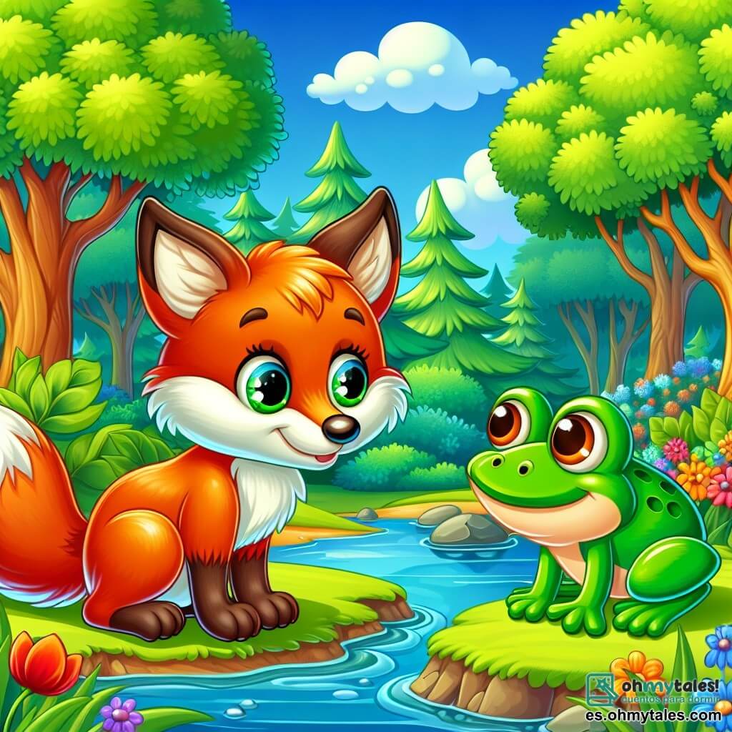 Un pequeño zorro de pelaje naranja brillante y ojos llenos de curiosidad está al borde de un arroyo. Tiene una expresión preocupada en su rostro, orejas erguidas y una cola esponjosa temblando. A su lado, una rana verde brillante, con grandes ojos redondos y una sonrisa alentadora, está sobre una piedra, observando al zorro con benevolencia. El paisaje es un hermoso bosque verde, con árboles majestuosos de hojas brillantes, flores de colores que comienzan a marchitarse y un cielo azul salpicado de nubes blancas. El zorro mira el nivel del agua del arroyo, que está más bajo de lo habitual, y se pregunta cómo puede ayudar a su entorno a recuperar su belleza.