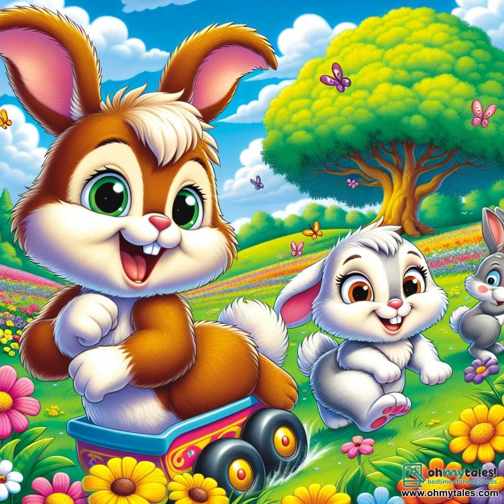 Benny, a small rabbit with big ears and soft brown fur, is joyfully hopping in a field of colorful flowers, his face beaming with happiness and excitement. His eyes sparkle with enthusiasm as he invites his friends to play. Next to him, Andy, a rabbit with bright white fur and curious eyes, sits in a cute little wagon. He smiles widely, showing his joy of being included in the game, with his front paws resting on the edge of the wagon. The setting is a vast green meadow dotted with yellow, pink, and purple flowers, with a majestic oak tree in the background. The sky is bright blue with fluffy white clouds, and colorful butterflies flutter around. The main scene shows Benny and Andy playing together with other rabbits, all laughing and running in different directions, illustrating the joy of friendship and inclusion, while the sun shines warmly on them.