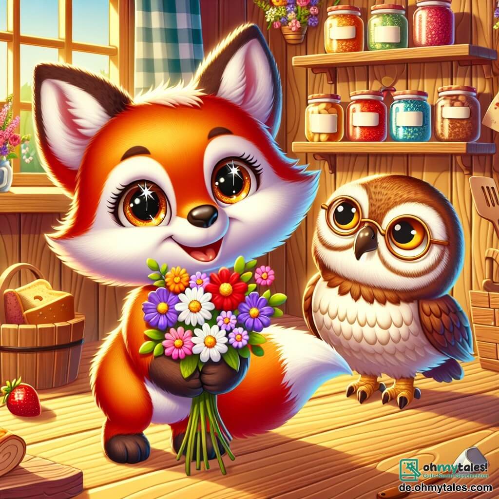 Ein kleiner, leuchtend roter Fuchs mit funkelnden Augen steht in einer charmanten kleinen Küche, mit einem breiten Lächeln im Gesicht und einem bunten Blumenstrauß in seinen Pfoten. Neben ihm beobachtet eine weise alte Eule mit braun-weißen Federn und runden Brillen auf der Nase lächelnd, während sie einen Holzschaber hält, bereit, ihm beim Backen eines Kuchens zu helfen. Die Küche ist warm und einladend, mit Holzwänden, Regalen voller Marmeladengläser und Fenstern, die das goldene Sonnenlicht hereinlassen. Der kleine Fuchs und die Eule bereiten eine Überraschung zum Muttertag vor, umgeben von bunten Zutaten und köstlichen Backaromen.