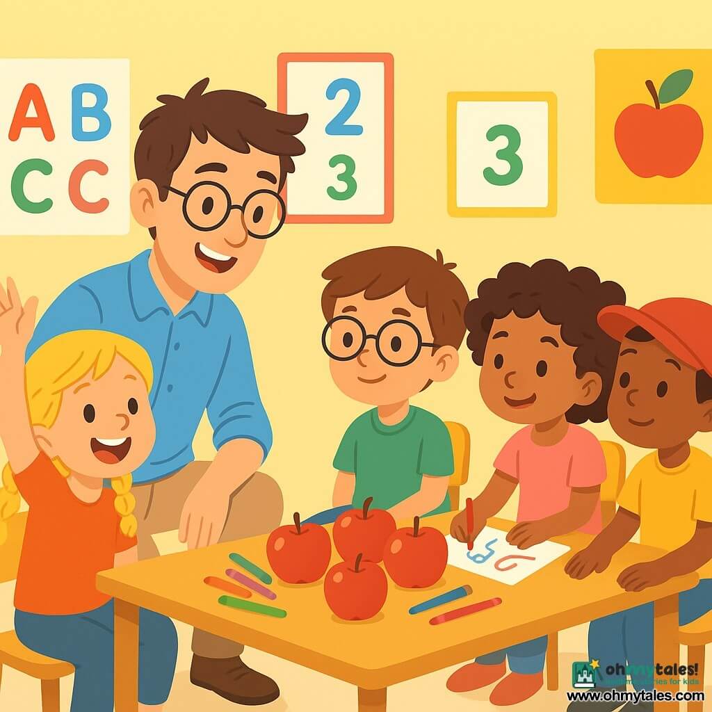 A young teacher, Mr. Leo, smiling and warm, with messy brown hair and round glasses, is crouching in front of a group of children. He wears a blue shirt and beige pants, and his gaze is full of kindness and encouragement. Mia, a 5-year-old girl with braided blonde hair, enthusiastically raises her hand with a big smile. Theo, a 6-year-old boy with glasses and brown hair, attentively watches Mr. Leo, hands on his knees. Poppy, a 5-year-old girl with curly hair, is drawing with colored pencils on a piece of paper, while Jamal, a 6-year-old boy in a red cap, curiously observes the apples on the table. The scene takes place in a bright classroom filled with vibrant colors. Posters of letters and numbers decorate the walls, and small desks are arranged in a circle. In the center, a wooden table is covered with shiny red apples and crayons. Mr. Leo is showing the children how to count and subtract using the apples, while they laugh and enjoy themselves, creating a joyful learning atmosphere.