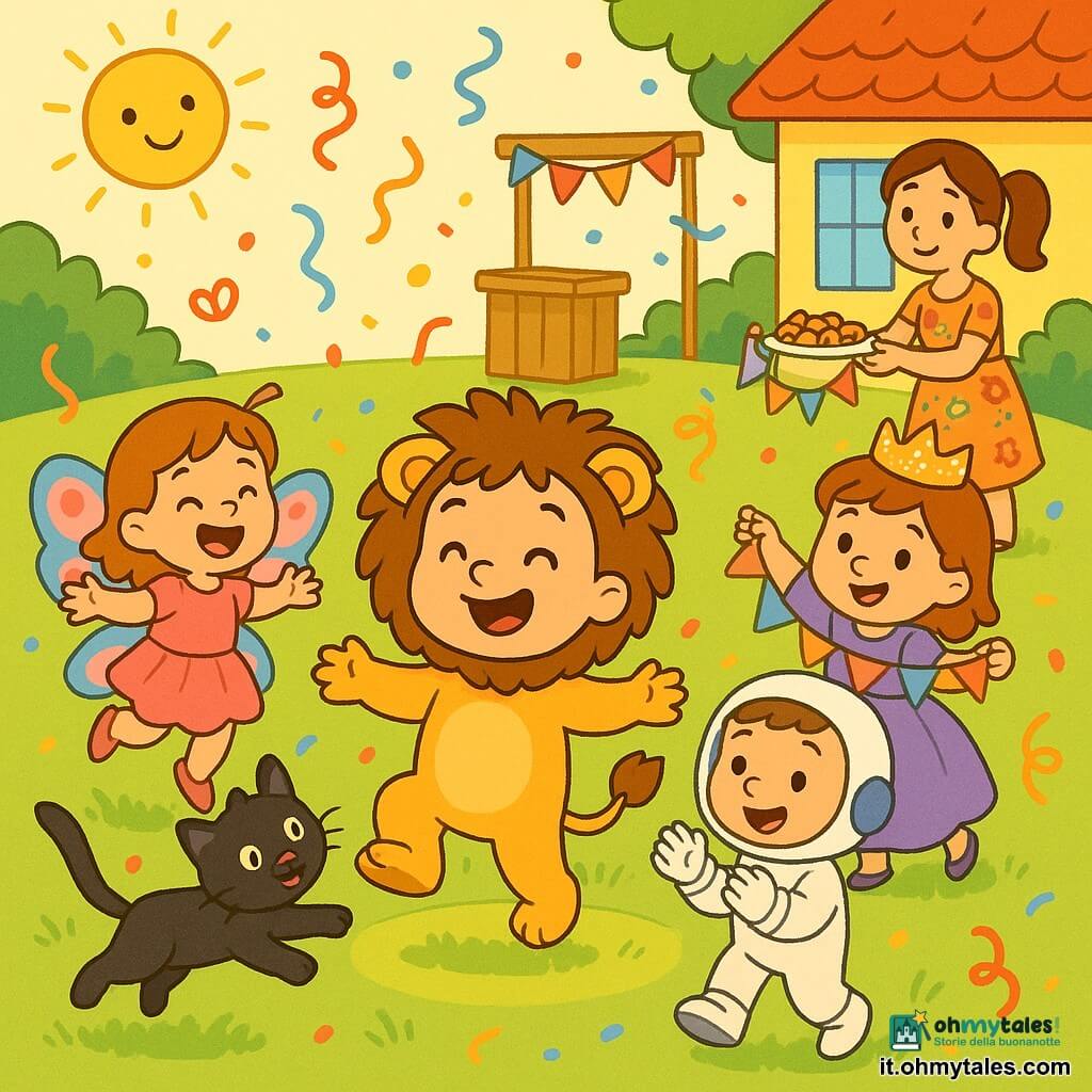 Bambino di 2 anni con sorriso luminoso e capelli castani corti in costume da leone giallo senape con criniera soffice e coda corta, danza al centro del cerchio; bambina Anna, circa 4 anni, in costume da farfalla rosa e blu con ali traslucide, salta ridendo a sinistra; bambino Luca, circa 5 anni, in costume da astronauta bianco con piccolo casco lucido, applaude a destra; bambina Giulia, circa 4 anni, in vestito da principessa viola con corona scintillante, tiene una ghirlanda dietro il bambino; la mamma prepara un piatto di biscotti su un tavolo sullo sfondo, in abito floreale con capelli raccolti, sorridente; un gattino nero dagli occhi verdi salta vicino al cerchio; giardino soleggiato con prato verde, casa colorata sullo sfondo, un piccolo podio di legno con una ghirlanda, coriandoli e serpentelli svolazzanti: festa di carnevale vivace con bambini in costume che danzano in cerchio e atmosfera calda e festosa.