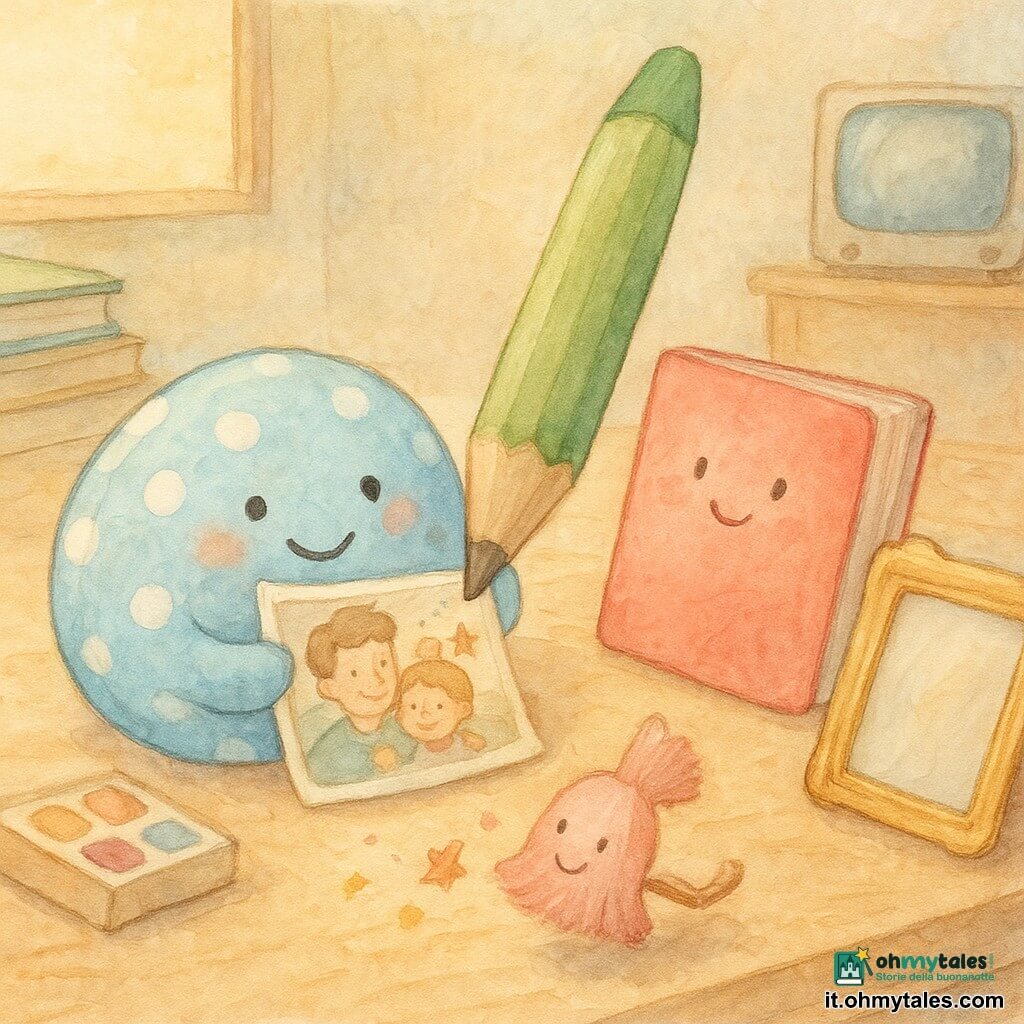 Pillo, un cuscino tondo a pois blu e bianchi, sorridente, tiene tra le pieghe una foto un po' stropicciata; Libretto, un piccolo carnet dalla copertina rossa, gli è accanto con una pagina aperta di lettere e cuoricini; Matitino, una grande mina da matita col cappello verde, disegna stelle e cuori sulla foto con tratti vivaci; Spazzolina, una piccola spazzola rosa a setole morbide, saltella davanti pronta a lucidare la cornice dorata lievemente aperta; la scena, su una mensola in legno chiaro di una stanza calda al mattino con luce che filtra, libri impilati, scatola di colori e una micro TV retro, mostra gli oggetti amici che collaborano con cura e tenerezza per incorniciare la foto come regalo per la festa del papà, atmosfera dolce, colori pastello e tratti acquerellati sfumati.