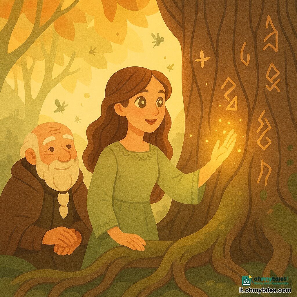 Donna adulta, Elara, volto dolce e occhi luminosi color stella, espressione meravigliata e determinata, capelli lunghi ondulati castano dorato, veste di lino verde pallido con antiche ricamature, tende la mano verso un grande albero antico per ascoltarne le radici; Uomo anziano, Arion, circa 70 anni, pelle rugosa ma benevola, barba bianca intrecciata, mantello marrone consumato, seduto su una radice-panca ai piedi dell'albero a sinistra di lei che sorride guidandola; nessun altro umano in primo piano, sagome sfocate di creature fantastiche e lucciole volano tra i rami; luogo: radura illuminata da luce dorata, tappeto di muschio verde, radici intrecciate, foglie traslucide ambra e verdi, albero centrale gigantesco con corteccia scolpita da simboli antichi; situazione: momento magico con Elara che ascolta la "voce" della foresta con la mano su una radice illuminata e piccole particelle luminose che fluttuano; atmosfera calma e misteriosa, palette calda e naturale, stile vettoriale essenziale e forme semplici adatte ai bambini.