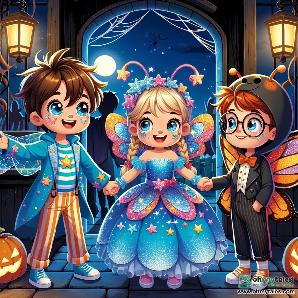 A 5-year-old boy named Jack, with tousled brown hair and sparkling curious eyes, wears a shiny blue costume adorned with twinkling stars. He smiles excitedly, holding hands with his friends, ready to enter a haunted house. Next to him, Mia, a 5-year-old girl dressed as a beautiful butterfly with colorful wings and braided blonde hair, dances joyfully, her face glowing with happiness. Max, a 5-year-old boy with glasses and red hair, stands a bit back, looking both brave and slightly nervous, ready to follow his friends. The scene takes place in front of a dark and mysterious haunted house, with creaky wooden windows and cobwebs in the corners. Glowing pumpkins decorate the doorstep, casting a warm orange light on Halloween night. The main focus shows Jack and his friends gathered in front of the haunted house door, exchanging looks of excitement and apprehension, ready to embark on their adventure, while a wise owl watches them from a branch above.