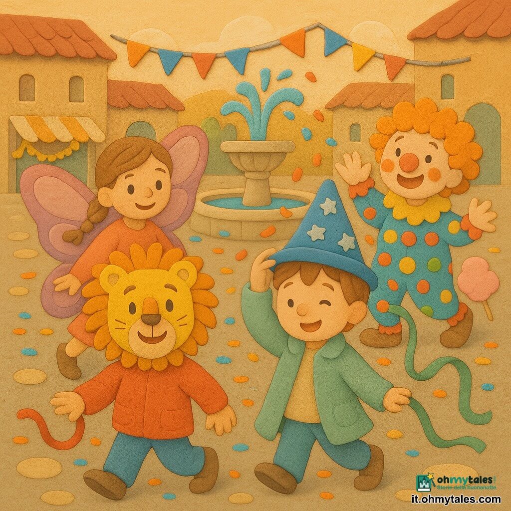 Quattro bambini: Luca, 4 anni, con maschera di leone gialla e giacca rossa, tiene un nastro rosso e fa un piccolo passo ruggente; Nino, 4 anni, con cappello da mago blu a stelline e mantello verde chiaro, tiene un nastro verde che svolazza e lascia cadere coriandoli; Farfalla, 5 anni, in costume da farfalla rosa e viola con ali trasparenti e treccia, batte le ali sorridendo; Clownetto, 5 anni, con nasino rosso e costume a pois, capelli ricci arancioni, salta facendo un gesto con le mani. Ambientazione: piazza di paese in bassorilievo con sampietrini beige e grigi, fontana centrale in pietra con acqua scintillante, bandierine multicolori e bancarelle di festa con zucchero filato rosa. Situazione: parata di carnevale pacata davanti alla fontana, i bambini procedono in corteo al ritmo calmo "uno, due... gira", nastri e coriandoli fluttuano, sonagli e tamburo discreti, luce calda del tardo pomeriggio, atmosfera gioiosa e rassicurante.