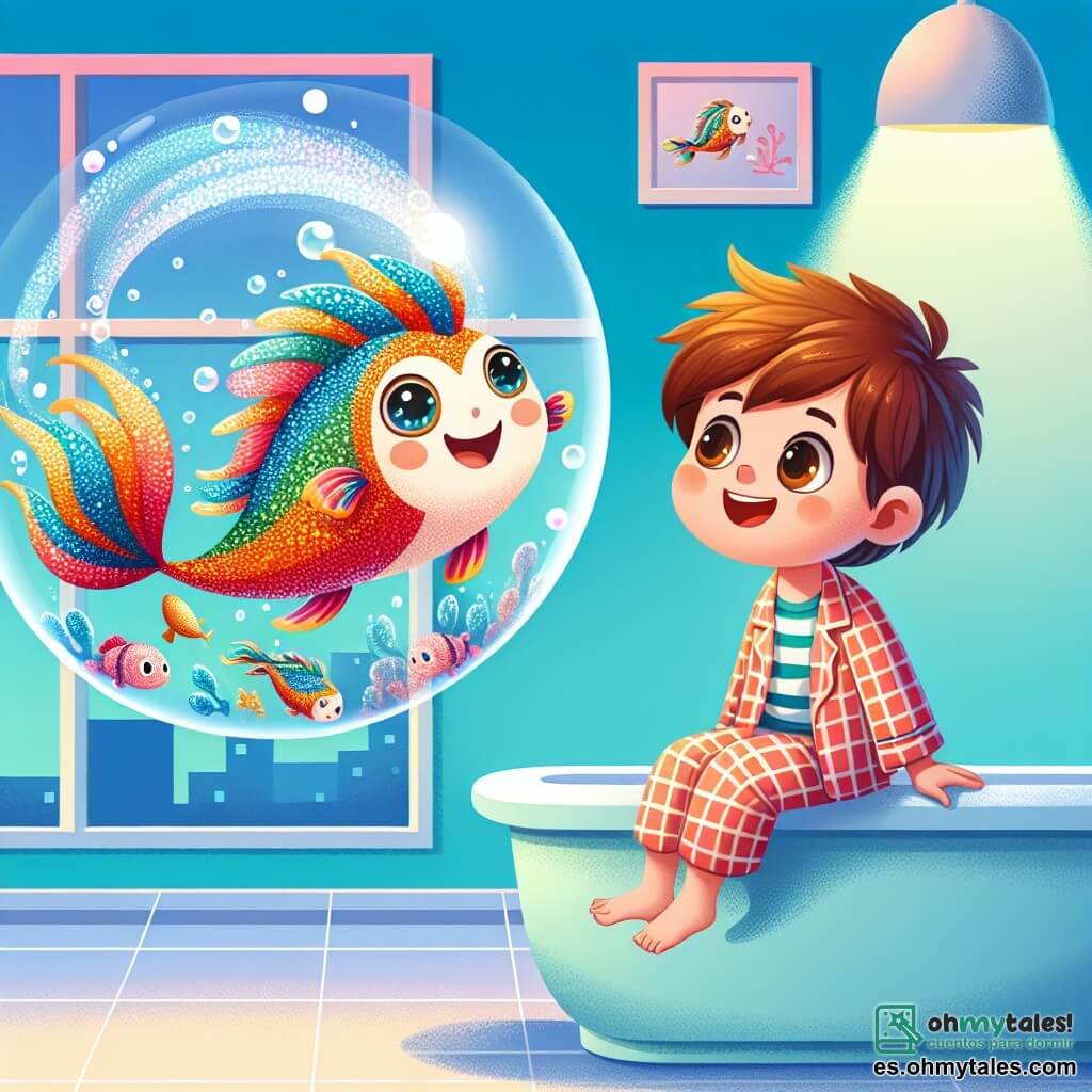 Un joven con cabello castaño y ojos brillantes, vestido con un pijama colorido, sonríe con asombro mientras observa una hermosa criatura marina de escamas brillantes que nada alegremente en una gran burbuja de agua. El niño está sentado al borde de una bañera, con las piernas colgando, y su rostro expresa alegría y asombro. A su lado, un pez colorido con escamas centelleantes y una gran sonrisa amigable flota en el aire, sus aletas vibrantes creando destellos de luz. El ambiente es una sala de hospital luminosa, con paredes pintadas de azul pastel y dibujos de animales marinos. Una ventana deja entrar la luz del sol, iluminando la habitación y creando una atmósfera cálida y reconfortante. La escena muestra al niño y al pez compartiendo un momento mágico, donde el niño sueña con sumergirse en un mundo submarino fantástico, simbolizando la esperanza y la fuerza frente a la enfermedad.