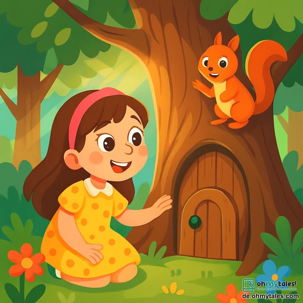 Ein kleines Mädchen von 6 Jahren mit langen braunen Haaren und neugierigen, funkelnden Augen kniet vor einer kleinen Holztür in einem großen Baum. Sie trägt ein gelbes gepunktetes Kleid und ein rosafarbenes Haarband. Ihr Gesicht drückt Staunen und Aufregung aus, mit einem breiten Lächeln und rosigen Wangen. Neben ihr sitzt ein niedliches Eichhörnchen mit rötlichem Fell und lebhaften Augen, das scheint, sie zum Folgen einzuladen, auf einem Ast. Der Ort ist ein verzauberter Wald mit majestätischen Bäumen, leuchtend grünen Blättern und bunten Blumen auf dem Boden. Sonnenstrahlen filtern durch das Laub und tauchen die Szene in ein sanftes, goldenes Licht. Die Hauptsituation zeigt das kleine Mädchen, voller Begeisterung, bereit, die geheime Tür des großen Baumes zu öffnen und eine geheimnisvolle, magische Welt zu entdecken, die auf der anderen Seite auf sie wartet.