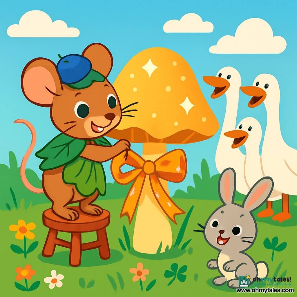 A little mouse named Mimi, with soft brown fur and sparkling mischievous eyes, stands on a small wooden stool, a joyful smile on her face. She wears a leaf cape and a blueberry hat, while she ties a shiny ribbon to a large bell-shaped mushroom that glistens in the sun. Nearby, three white geese with bright feathers and long curious necks watch Mimi with amused expressions, ready to burst into laughter. A small rabbit with big ears, gray fur, and round eyes observes the scene happily hopping a little to the side. The scene takes place in a green meadow dotted with colorful flowers and clovers, under a clear blue sky with fluffy clouds. The large mushroom stands majestically in the center, surrounded by blades of grass that gently sway in the wind. Enthusiastic Mimi is preparing a surprise for her friends by decorating the mushroom with the sparkling ribbon, while the laughter of the geese and other animals fills the air, creating a joyful and festive atmosphere.