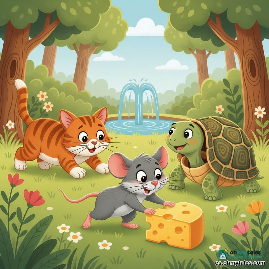 Un pequeño ratón astuto y emocionado de pelaje gris alcanza un gran trozo de queso amarillo, con una sonrisa traviesa y algo de inquietud, inclinándose hacia adelante; detrás y ligeramente a la derecha, una tortuga sabia abre su caparazón para ofrecer refugio; a la izquierda, un gato peludo y sorprendido, agazapado, se aproxima; todo ocurre en un claro soleado del bosque con hierba verde, flores y una pequeña fuente detrás de la tortuga; la escena muestra tensión pero ternura, colores vivos y formas simples y redondeadas aptas para niños pequeños.