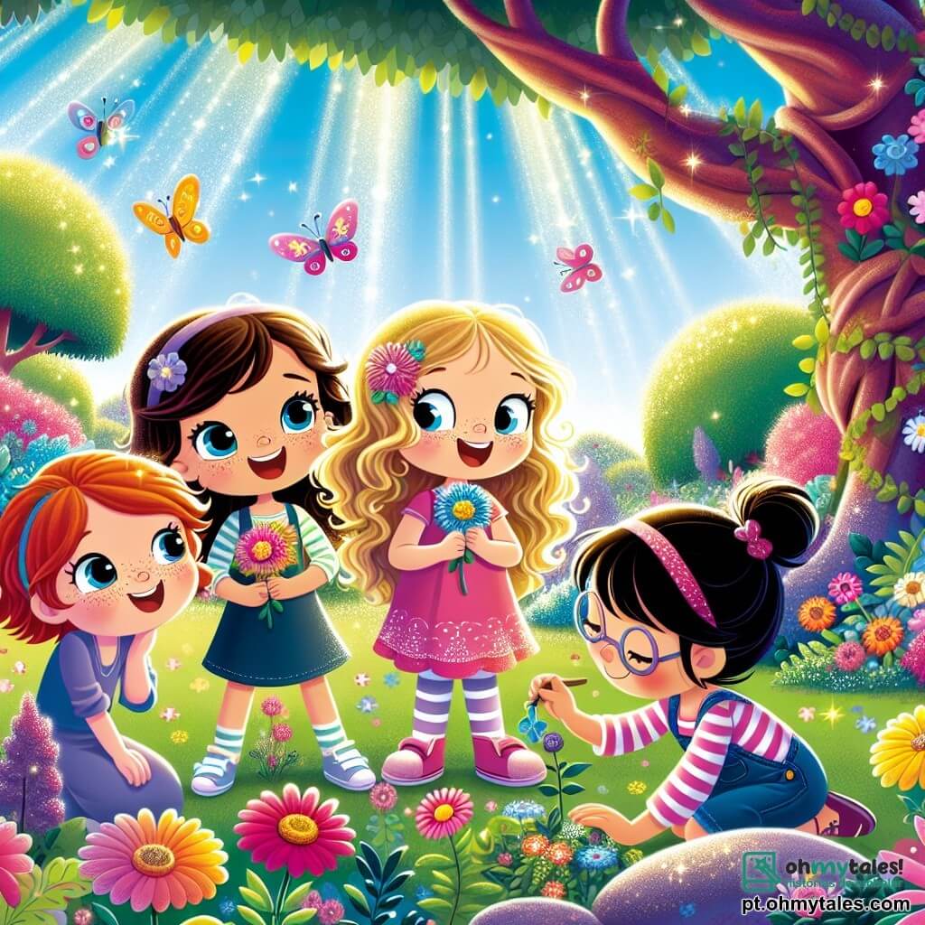 Em um jardim encantado, quatro meninas de oito anos estão em círculo. Lila, com cabelos castanhos e olhos brilhantes, sorri alegremente segurando uma flor colorida. Mica, com cabelos loiros e óculos redondos, observa atentamente uma borboleta que voa ao seu redor. Tita, com cabelos ruivos e sardas, desenha formas no chão com um graveto. Nara, com cabelos negros e uma trança pequena, sorri confiante, sentada em uma pedra, com a perna ligeiramente dobrada. O jardim é um verdadeiro quadro vivo, repleto de flores em tons vibrantes de rosa, azul e amarelo, com árvores de troncos retorcidos que parecem sussurrar segredos. Um lago cintilante no centro reflete o céu azul, enquanto raios de sol filtram pelas folhas, criando jogos de luz mágicos. As meninas discutem entusiasmadas as lições de vida que aprendem com o Guardião do Jardim, um sábio de cabelos brancos longos, que as guia sobre gentileza e a importância da amizade. Elas estão imersas em uma reflexão alegre, cercadas pela beleza e magia de seu ambiente.