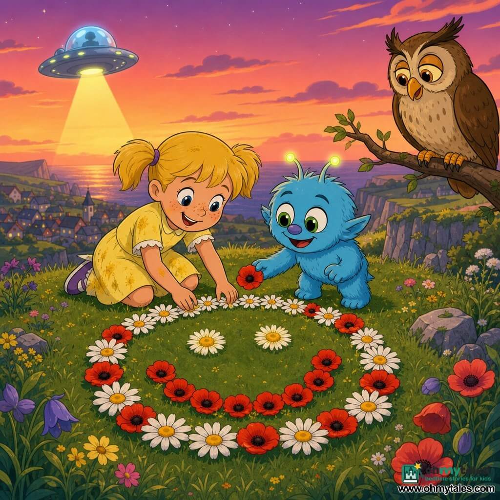 Six-year-old Lily, joyful with a round freckled face and blonde pigtails, kneels arranging daisies and poppies into a large smiling face on the grass; beside her stands Zog, a small sky-blue furry alien with big green eyes and tiny glowing antennae, helping place a flower; a wise old brown-speckled owl with bright orange eyes watches from a branch to the right; they are on a grassy cliff overlooking a small village, with velvet green grass, colorful flowers, textured gray rocks, and a pink‑orange twilight sky; together they create a floral smiling signal to guide a ship, warm friendly mood, vivid colors, soft outlines, centered composition, 1990s cartoon style.