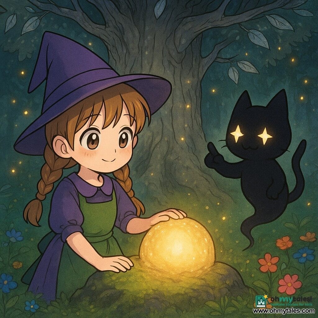Lila, an apprentice witch of about 10, stands with bright eyes and a shy smile, light brown braided hair, wearing a simple purple dress and green apron, one small hand on a glowing stone pulsing a soft golden light; Ember, a friendly cat-sized shadow creature with starry eyes, floats encouragingly to her right; a huge ancient tree with silver bark and metallic leaves fills the background as yellow fireflies drift, the mossy ground edged with vivid blue, pink and orange flowers; a dark shadow to the left of the stone swirls and dissolves into golden filaments; warm, contrasting colors, clear manga-style lines, comforting magical wonder.