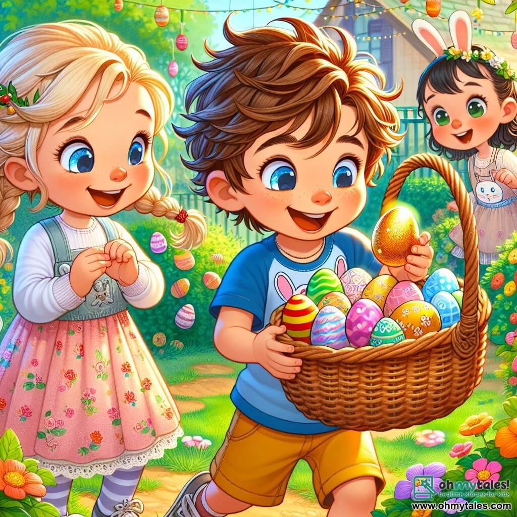 A 6-year-old boy, Timmy, with messy brown hair and sparkling joyful eyes, stands in the center of the image holding a wicker basket filled with colorful eggs. He wears a blue t-shirt with a bunny design and yellow shorts, displaying a big excited smile as he discovers a shiny golden egg in the garden. Next to him, his best friend Lily, a 6-year-old girl with braided blonde hair and round glasses, looks in awe at the golden egg, dressed in a pink floral dress. A little further away, Jack, a 6-year-old boy with black hair and a red cap, is crouched down, searching under a bush, focused on his egg hunt. The setting is a sunny garden filled with colorful flowers, lush greenery, and Easter decorations like bunny garlands and painted eggs hanging from the trees. The main scene shows Timmy, Lily, and Jack in the midst of an Easter egg hunt, with expressions of joy and excitement as they discover the hidden treasure of the golden egg together.