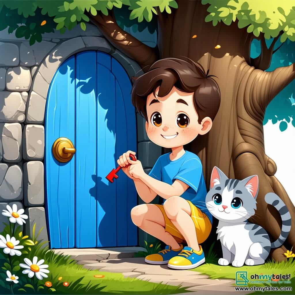 A 4-year-old boy named Max, with bright eyes and curly hair, smiles in wonder while holding a red key in his hand. He wears a blue t-shirt and yellow shorts, crouched in front of a small blue door hidden behind a large tree. Beside him is his cat Daisy, soft and fluffy, with gray and white tabby fur, curiously looking at the door, her green eyes sparkling with excitement. The setting is a sunny garden filled with colorful flowers and lush greenery, with a large gnarled tree hiding the door. Sunbeams filter through the leaves, creating dancing shadows on the ground. The main scene shows Max and Daisy discovering the blue door, ready to enter a magical world, with expressions of curiosity and adventure on their faces.