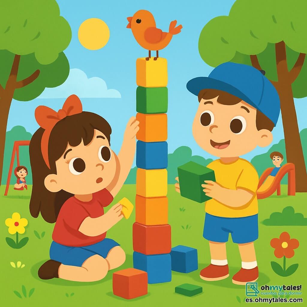 Hay 2 personajes principales: Ana, una niña de 3 años con grandes ojos brillantes y cabello castaño, que lleva un bonito lazo rojo en el pelo, sentada en el césped, concentrada en colocar un bloque amarillo en la torre; y Tomás, un niño de 3 años con cabello castaño y una gorra azul, de pie junto a Ana, sonriendo y sosteniendo un bloque verde, listo para añadirlo a la construcción. La escena se desarrolla en un parque soleado, lleno de flores coloridas y grandes árboles con hojas verdes. En el centro hay un césped verde donde Ana y Tomás construyen su torre de bloques. Al fondo, hay niños jugando en columpios y toboganes, mientras un cielo azul claro se extiende sobre ellos. La situación principal muestra a Ana y Tomás construyendo una inmensa torre de bloques, que se eleva alto en el aire, con un pequeño pájaro curioso posado en la cima, mientras los dos amigos cantan alegremente, rodeados de bloques coloridos apilados.