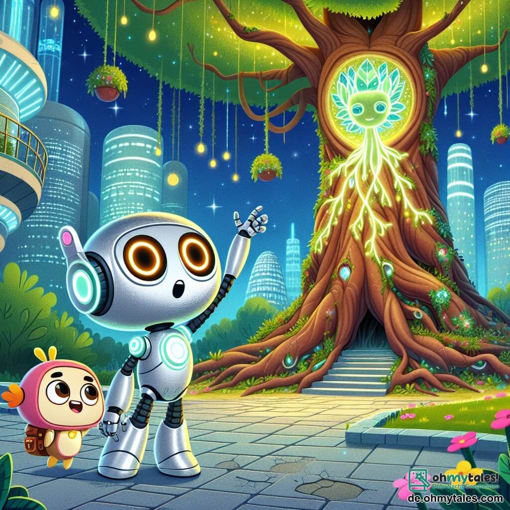 Im Mittelpunkt des Bildes steht ein kleiner Roboter namens Blink, mit runden, leuchtenden Augen, einem silbernen Metallkörper und beweglichen Armen, der staunend einen großen, alten Baum mit leuchtendem Laub betrachtet, der die Natur symbolisiert. Blink zeigt Neugier und Aufregung, seine Arme sind zum Zeichen der Entdeckung erhoben. Neben ihm springt ein lebendiger Rucksack namens Tasche mit einem lächelnden Gesicht und kleinen Beinen vor Freude, seine leuchtenden Farben heben sich vom Hintergrund ab. Tasche zeigt begeistert auf den Baum und teilt Blinks Staunen. Der Ort ist ein versteckter Park im Herzen einer futuristischen Stadt, mit glitzernden Glasgebäuden im Hintergrund, hängenden Gärten und schwebenden Lichtern, die den Dämmerungshimmel erhellen. Der Boden ist mit leuchtenden Blumen und Mosaikwegen bedeckt. Die Hauptsituation zeigt Blink und Tasche, die den großen magischen Baum entdecken, der sich öffnet und ein Hologramm der einstigen Stadt zeigt, die voller Natur und Leben war, während sie staunend vor dieser Offenbarung stehen.