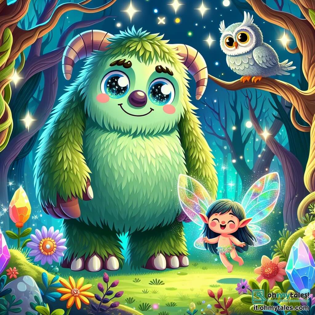 Un grande mostro gentile di nome Gorgo, con un pelame verde muschioso e occhi brillanti come stelle, si trova al centro di un radura incantata. Il suo sorriso caloroso e le grandi orecchie rotonde esprimono curiosità e determinazione. Accanto a lui, un piccolo spirito del bosco, con ali traslucide scintillanti e un volto sorridente, danza gioiosamente, fluttuando leggermente sopra il suolo. Sullo sfondo, un vecchio gufo saggio, con piume grigie e occhi penetranti, osserva la scena da un ramo, pronto a dare consigli. Il luogo è una foresta magica, piena di alberi dai tronchi contorti, fiori multicolori che brillano sotto la luce della luna, e una fonte luminosa al centro, emettendo riflessi arcobaleno. La scena principale mostra Gorgo e gli spiriti uniti in una danza gioiosa, celebrando la vittoria sull'ombra malefica che minacciava il loro mondo, mentre la luce del Cristallo del Cuore illumina la scena con un bagliore caldo e confortante.