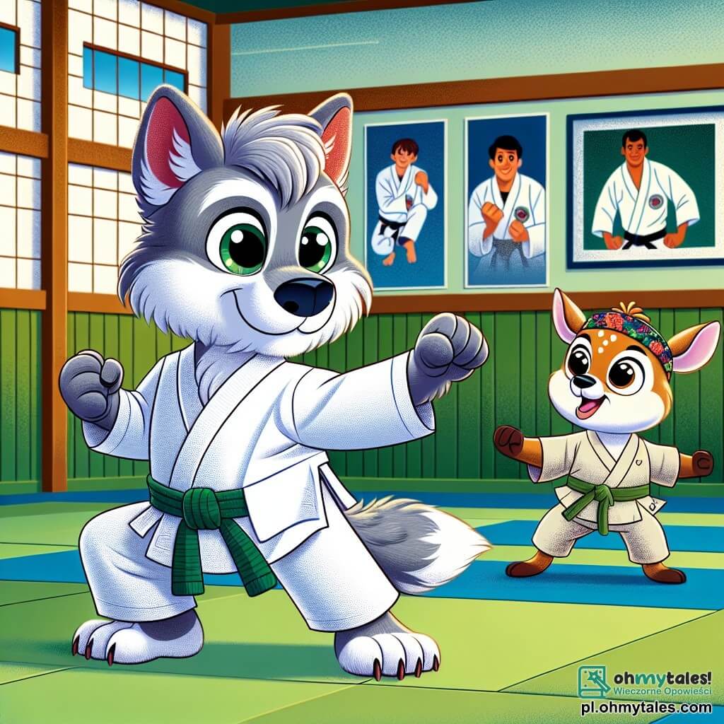 Mały wilk o imieniu Lupo, z szarym futrem i błyszczącymi oczami pełnymi determinacji, stoi w centrum dojo karate, ubrany w biały kimono, które lekko unosi się wokół niego. Wyraża koncentrację i odwagę, gotowy do wykonania imponującego kopnięcia. Obok niego jego najlepsza przyjaciółka Zosia, mała sarenka z dużymi, łagodnymi oczami i białymi plamkami na grzbiecie, zachęca go entuzjastycznym uśmiechem, unosząc przednie łapy w geście wsparcia. Na głowie ma kolorową opaskę i stoi na palcach, pełna energii. Dojo jest przestronne, z zielonymi tatami na podłodze, ścianami ozdobionymi plakatami mistrzów karate i oknami wpuszczającymi światło słoneczne, co tworzy ciepłą i motywującą atmosferę. Główna scena pokazuje Lupo w akcji, wykonującego spektakularne kopnięcie, podczas gdy inne dzieci w dojo obserwują go z podziwem, tworząc atmosferę koleżeństwa i ekscytacji.