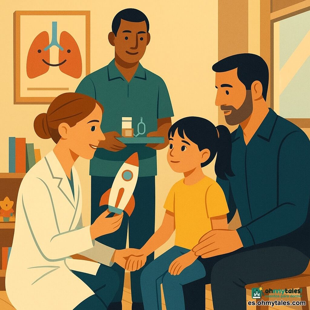 Médica de unos 35 años, pelo castaño claro recogido en moño, bata blanca, rostro sonriente y sereno, arrodillada frente a una niña sosteniendo una cámara de inhalación transparente como un pequeño cohete; niña de unos 8 años, pelo negro en coletas, ojos algo preocupados pero confiando, ropa colorida (camiseta amarilla y vaqueros), toma la mano de su padre; padre de unos 40 años, barba corta, chaqueta azul oscuro, sentado junto a ella con la mano en su hombro, aliviado y atento; enfermero de unos 30 años, piel morena, polo verde, al fondo con una bandeja con estetoscopio y cajas, sonriendo discretamente; sala de espera luminosa y cálida, paredes crema con póster educativo de un pulmón sonriente, estantes bajos con juguetes y libros, suelo de madera y gran ventana con luz suave; la médica muestra la cámara de inhalación como un “cohete” cerca del rostro de la niña, ella simula una gran inhalación en una atmósfera tranquilizadora y empática.