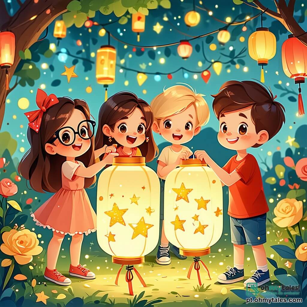 Em um jardim iluminado por lanternas coloridas, quatro amigos se reúnem para celebrar o Ano Novo. Sofia, uma menina de 10 anos com cabelos longos e óculos redondos, decora uma lanterna com estrelas douradas, sorrindo alegremente à esquerda da imagem. Miguel, um menino de 9 anos com cabelos loiros bagunçados e uma camiseta vermelha, faz caretas enquanto segura uma lanterna azul, à direita de Sofia. Clara, uma menina de 10 anos com cabelos castanhos e um vestido rosa, salta de alegria com uma lanterna verde acima da cabeça, no centro da imagem. João, um menino de 9 anos com cabelos negros e um suéter azul, escreve em uma lista de resoluções, sentado em uma pequena cadeira de madeira à direita de Clara. O jardim está cheio de flores coloridas e luzes, criando uma atmosfera festiva, com um céu estrelado e fogos de artifício ao fundo. Os amigos, todos reunidos, estão prontos para soltar suas lanternas no céu, expressando seus desejos para o novo ano com sorrisos e risadas.