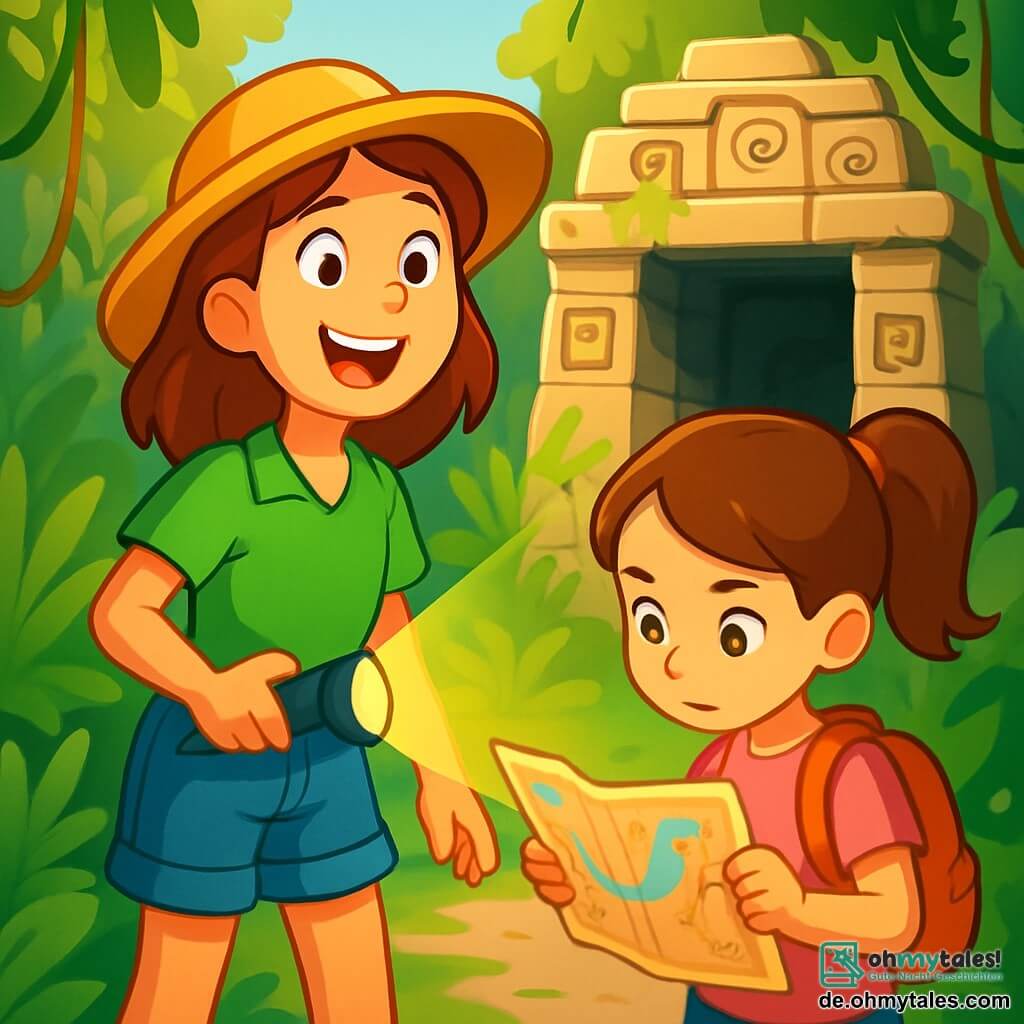 Eine Entdeckerin, Lara, steht im Mittelpunkt der Szene mit einem breiten Lächeln im Gesicht. Sie trägt einen breiten Strohhut, ein leuchtend grünes T-Shirt und eine Jeansshorts und hält eine Taschenlampe in einer Hand, während sie erstaunt einen alten Steintempel betrachtet. Neben ihr steht ihre beste Freundin Anna, ein 8-jähriges Mädchen mit braunen Haaren, die zu einem Pferdeschwanz gebunden sind. Sie trägt ein pinkes T-Shirt und einen kleinen Rucksack. Sie schaut konzentriert auf eine Karte, die sie in den Händen hält. Im Hintergrund wird der majestätische Tempel von großen, grünen Farnen und herabhängenden Lianen umgeben, mit geheimnisvollen Mustern, die in die moosbedeckten Steinwände eingraviert sind. Sonnenlicht filtert durch die Bäume und erzeugt tanzende Schatten auf dem Boden. Lara und Anna sind bereit, den Tempel zu betreten, mit aufgeregten und neugierigen Ausdrücken auf ihren Gesichtern, während sie sich darauf vorbereiten, die verborgenen Geheimnisse im Inneren zu entdecken.