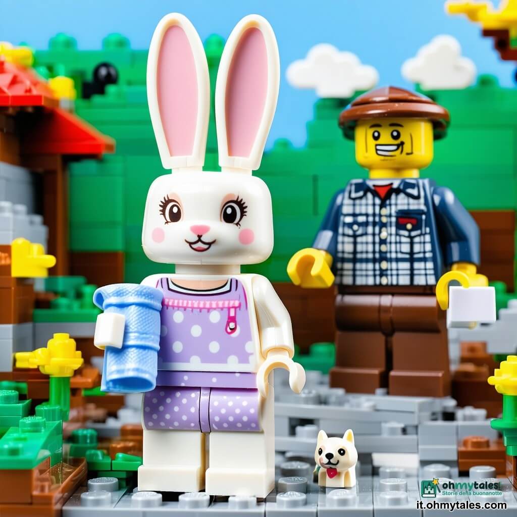 Il personaggio principale è una piccola coniglietta LEGO bianca dalle grandi orecchie morbide e occhi brillanti, timida ma rassicurata, che tiene un biglietto disegnato; indossa un vestitino lavanda a pois rosa e tiene una copertina blu ricamata e un peluche LEGO nell’altra zampa. Il padre coniglio LEGO, una figura alta col cappello a quadri e sorriso dolce ma preoccupato, è inginocchiato accanto a lei per abbracciarla; la madre è assente ma suggerita da una piccola valigia gialla aperta vicino alla porta con l’etichetta “Lilla è sempre amata”. L’ambiente è una tana LEGO luminosa e colorata con muri lavanda pastello, scaffali di piccoli libri illustrati, un angolo letto con coperta blu e tappeto floreale e una finestra rotonda sul prato; la scena è un momento intimo e dolce, con giochi e disegni appesi e luce dorata che attraversa la finestra. Lo stile visivo: colori vivaci, texture nette dei mattoncini, composizioni semplici ed espressioni esagerate e leggibili per trasmettere emozione.