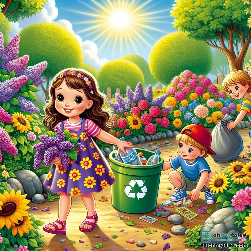 Una niña de 5 años, Valentina, con largos cabellos castaños y ojos llenos de curiosidad, sonríe alegremente mientras sostiene un gran contenedor de reciclaje. Lleva un vestido colorido con motivos de flores y sandalias. A su lado, su amigo Tomás, un niño de 6 años con una gorra roja y una camiseta azul, recoge basura con determinación. Sofía, una niña de 5 años con cabello rubio y rizado, está agachada cerca de una planta, sosteniendo una botella de plástico que está a punto de poner en el contenedor de reciclaje, mostrando una sonrisa orgullosa. El jardín es un lugar vibrante y soleado, lleno de flores multicolores, lilas violetas, girasoles amarillos y rosas rojas, con árboles verdes al fondo. La situación principal muestra a Valentina y sus amigos limpiando el jardín, recogiendo basura y plantando semillas, mientras ríen y se animan mutuamente, creando un ambiente alegre y colaborativo.