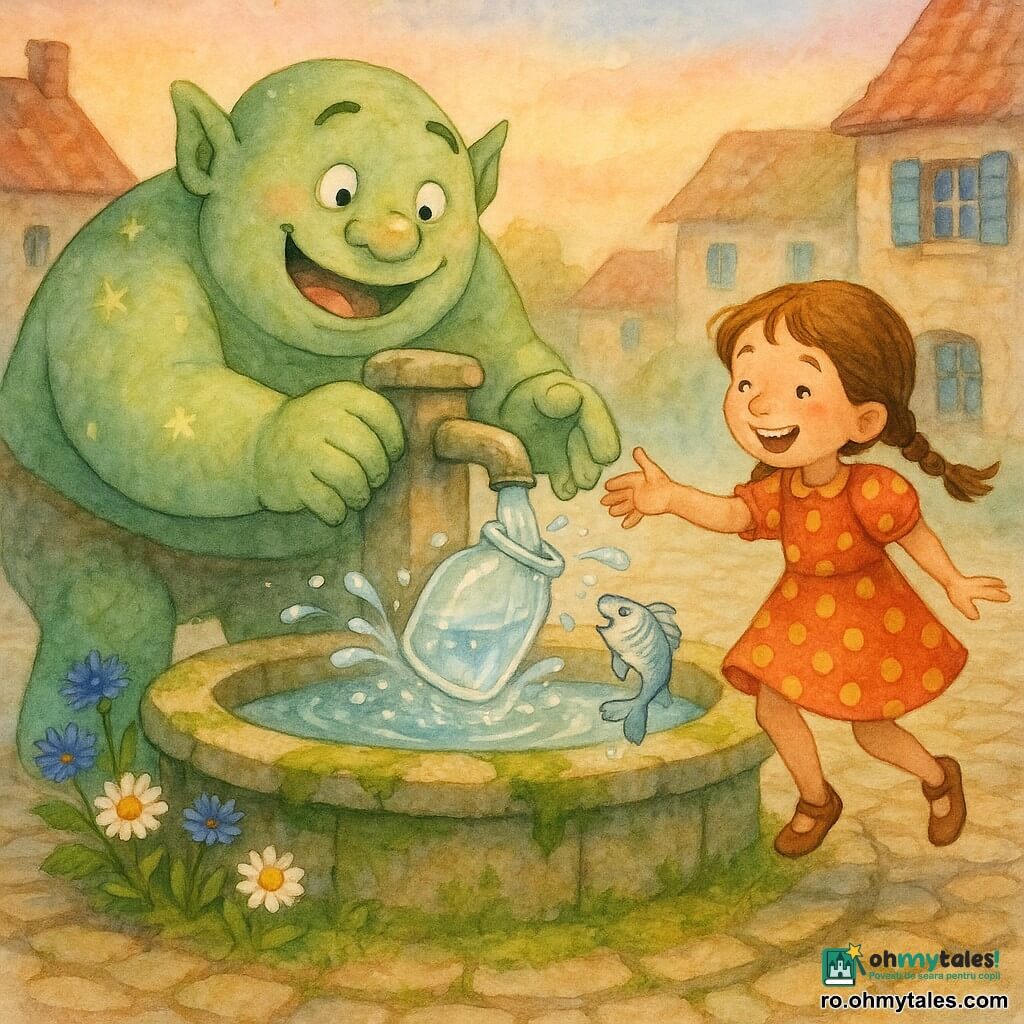 Un ogre mare și rotund, vesel și ușor surprins, piele verde pal cu pete ca stele, ochi rotunzi, mâini stângace care împing delicat un borcan de sticlă prins în duza unei fântâni; o fetiță, Măriuca, ~7 ani, păr brun în două codițe, rochie roșie cu buline galbene, râde și dansează pe marginea fântânii întinzându-i mâna (dreapta, ușor înainte); un peștișor argintiu cu solzi sclipitori sare din apă lângă borcanul eliberat; piațeta pietruită cu fântână rotundă de piatră acoperită de mușchi, flori la margine, case cu obloane albastre și cer pastelat la apus; momentul salvării: apă stropind ușor, picături ca perle, borcan care se desprinde încet, amândoi zâmbind, atmosferă caldă și comică, culori pastel și linii moi.