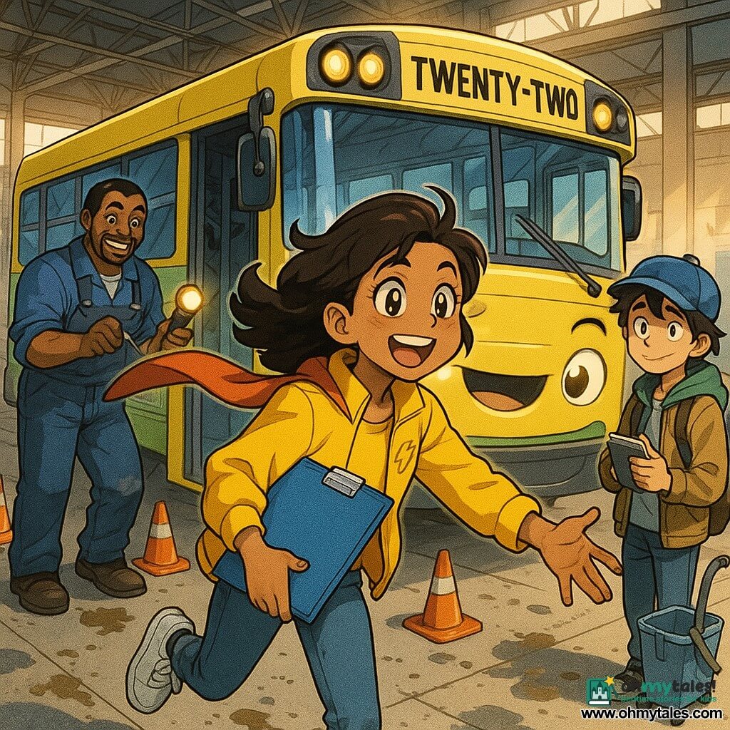 Mira Zoom, a heroic woman with a joyful, focused face and bright eyes, wearing a vivid yellow jacket with a small lightning patch, a red cape-scarf, and squeaky white sneakers, firmly holds a large blue clipboard with papers and reaches toward a bus with a confident, gentle posture; Theo, a ~15-year-old boy with messy hair under an oversized cap, looks embarrassed then relieved, clutching a small notebook and standing slightly behind Mira; Lenny, a burly ~40-year-old mechanic in blue overalls with greasy hands, smiles while holding a flashlight near an open bus panel to Mira's left; Bus Twenty-Two, a large yellow-green bus with a banana sticker on the window, blinking headlights like friendly eyes and a slightly open door like a smiling mouth, parked in front of them; inside a bright depot hangar with concrete floors stained with oil, orange cones, road posters, a red tool cart, an animated-looking mop bucket, and an open garage door letting in morning light; main situation: Mira returns the clipboard found on the confused bus, a warm, comic atmosphere with repair gestures and exaggerated manga-style expressions, saturated contrasting colors, centered composition on the exchange, slightly top-down perspective to show the hangar.