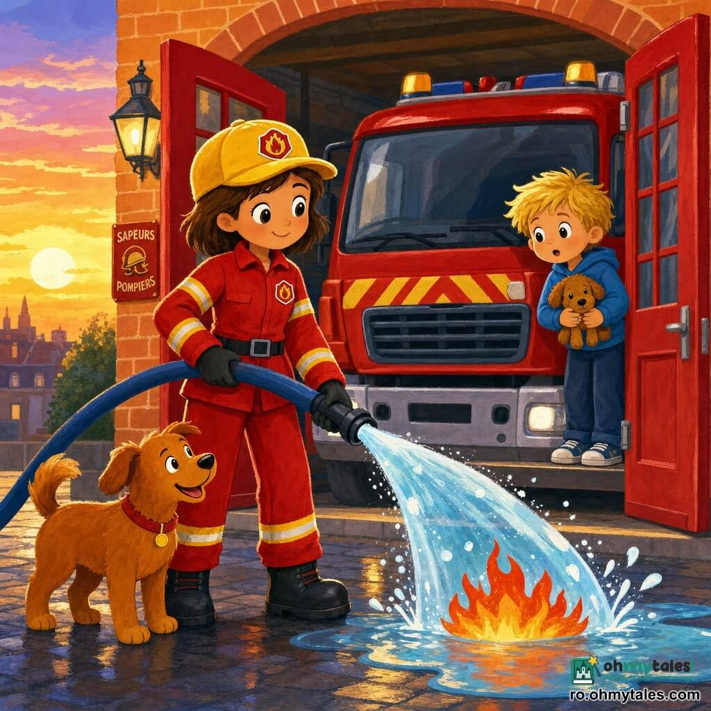 O femeie pompier, suplă și puternică, păr scurt brun, zâmbitoare cu ochi calzi, poartă combinezon roșu lucios și șapcă galbenă, ține un furtun mare albastru care stropeste apă, postură încrezătoare și blândă; un băiat de circa 6 ani, păr blond ciufulit, surprins dar liniștit, ține o jucărie de pluș și privește de pe pragul camionului, la dreapta ei; un câine mediu cu blană roșcată și ochi expresivi dă din coadă la picioarele camionului aproape de cizmele pompierului; scena în fața unei substații de pompieri la amurg, ziduri cărămizii, uși mari roșii deschise, camion roșu parcat, sol pietruit ușor umed; situație: pompierul stropește blând o mică băltoacă de foc imaginar, jeturi de apă în arce translucide, lumină caldă de seară și picături sclipitoare, atmosferă sigură și calmă, culori vii, forme simple și tușe moi, stil gouache potrivit pentru copiii mici.
