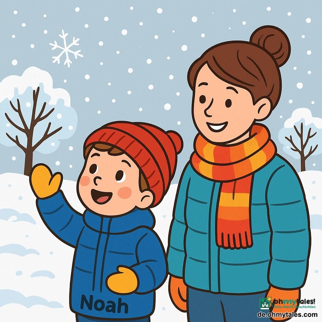Ein kleiner Junge von 4 Jahren namens Noah, mit rosigen Wangen und neugierigen, funkelnden Augen, steht im Schnee. Er trägt eine dicke blaue Jacke, eine rote Mütze und gelbe Handschuhe und lächelt staunend, während er die Hand hebt, um einen fallenden Schneeflocken zu fangen. Neben ihm beobachtet seine Mama, eine etwa 30-jährige Frau mit braunen, zu einem Dutt gebundenen Haaren und einem warmen Lächeln, ihn zärtlich, während sie einen bunten Schal und eine Daunenjacke trägt. Die Szenerie ist ein Wintergarten, bedeckt mit einem dicken Mantel aus funkelndem Schnee, mit kahlen Bäumen, deren Äste mit Schnee beladen sind, und einem hellgrauen Himmel, in dem Schneeflocken sanft tanzen. Die Szene zeigt Noah und seine Mama, die den magischen Moment des Winters genießen, umgeben von der friedlichen Schönheit der verschneiten Natur.