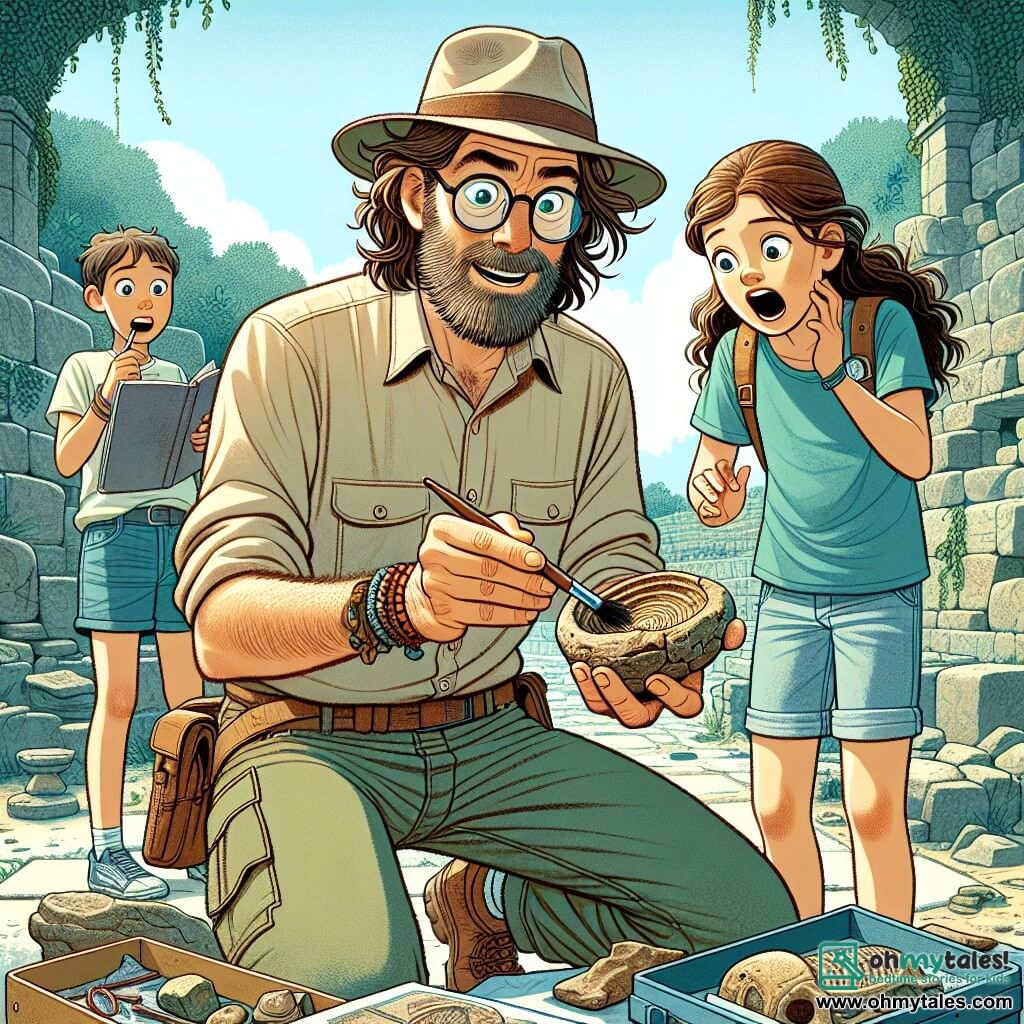 An archaeologist, Dr. Oliver Hughes, is at the center of the image, with messy brown hair and round glasses. His face shows great excitement and curiosity as he examines an ancient pottery fragment, a look of wonder on his lips. He wears a short-sleeved beige shirt, a straw hat, and cargo pants, with a tool kit at his feet. Beside him is a young girl, Lily, around 12 years old, with long curly hair, wearing a blue t-shirt and denim shorts. She holds a brush and is gently cleaning another artifact, her eyes shining with enthusiasm. A boy, Marco, about 13 years old, with short hair and glasses, is taking notes in a notebook, looking focused and curious, standing slightly back. The setting is an outdoor archaeological site, with ancient stone ruins, crumbling walls covered in ivy, and a blue sky dotted with white clouds. Excavation tools are scattered around, and wooden crates contain valuable discoveries. The main scene shows Dr. Hughes and the children uncovering a colorful fresco fragment emerging from the ground, with light highlighting the vibrant details of the ancient art, symbolizing the excitement of discovery and a connection to the past.