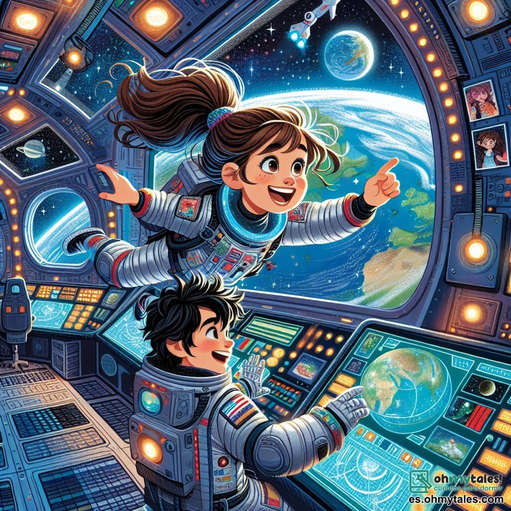 En primer plano, una joven llamada Serena, de unos 12 años, flota en una nave espacial. Tiene el pelo largo y castaño recogido en una coleta y lleva un traje espacial plateado con detalles de colores. Su rostro expresa una inmensa alegría y asombro mientras mira por la ventanilla, descubriendo la belleza de la Tierra desde el espacio, con estrellas brillantes de fondo. A su lado, un chico llamado Tomás, también de 12 años, manipula un pequeño dispositivo científico. Tiene el pelo negro desordenado y lleva un traje espacial similar al de Serena. Sonríe, fascinado por el equipo, y se encuentra ligeramente al fondo, observando con curiosidad. La nave espacial está llena de paneles de control luminosos, gráficos holográficos flotantes y ventanas que ofrecen una vista espectacular del espacio. Las paredes están adornadas con fotos de misiones espaciales y estrellas brillantes. La escena principal muestra a Serena y Tomás en plena exploración, maravillados por la vista de la Tierra y las estrellas, simbolizando su sueño de ser astronautas y su sed de descubrir el universo.